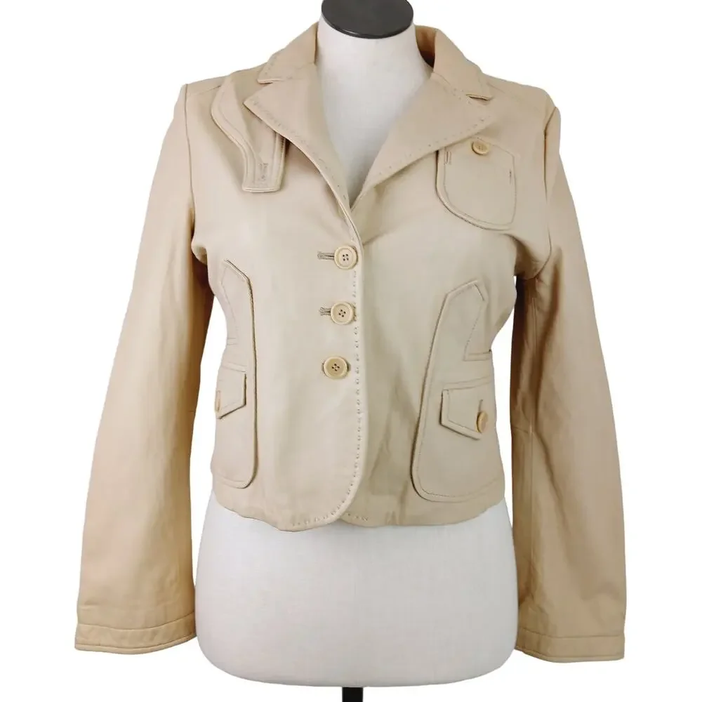 BCBGMAXAZRIA SZ L 100% Leather Butter Tan Short 3 Button Collared Jacket Pockets